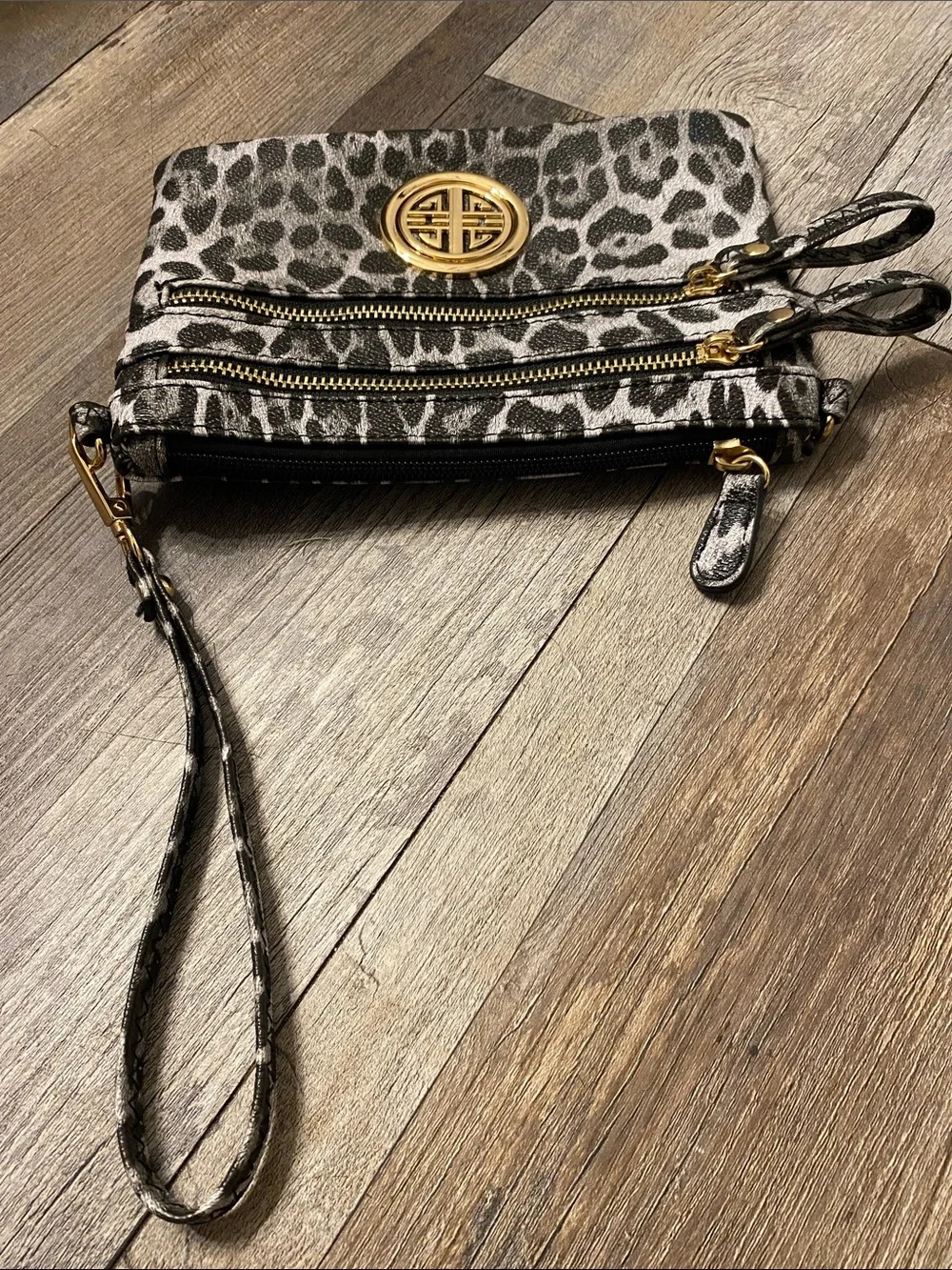 Leopard Print Wristlet Clutch with Gold Emblem